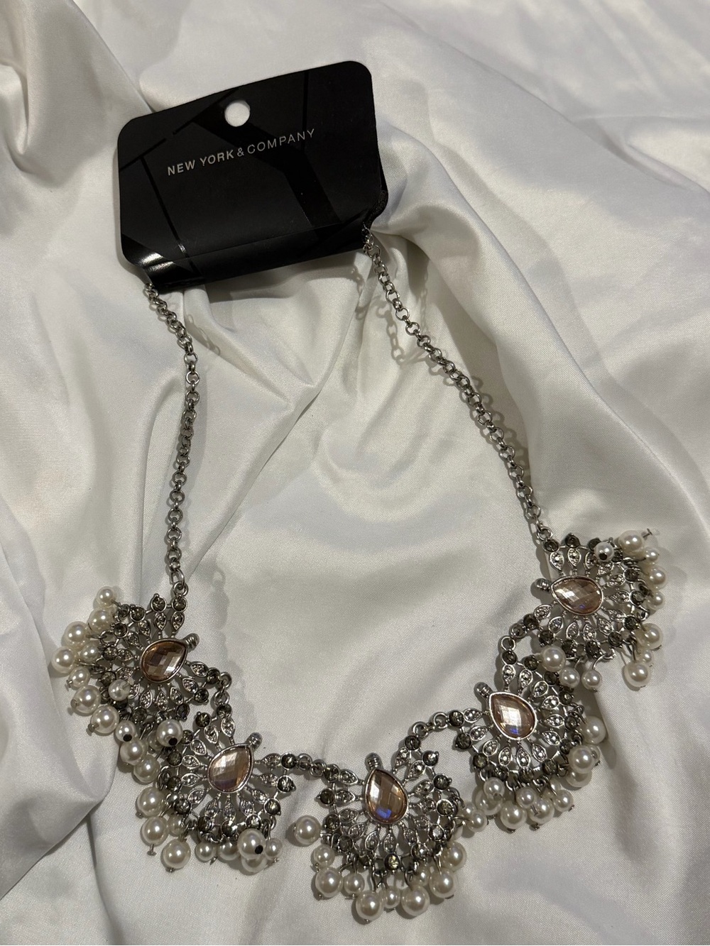 New York & Company Silver-Tone Pearl Cluster Necklace with Clear Stones
